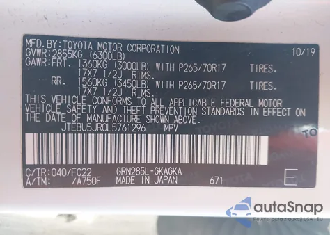 2020 Toyota 4Runner Trd Off Road z USA, uszkodzony, nr VIN JTEBU5JR0L5761296